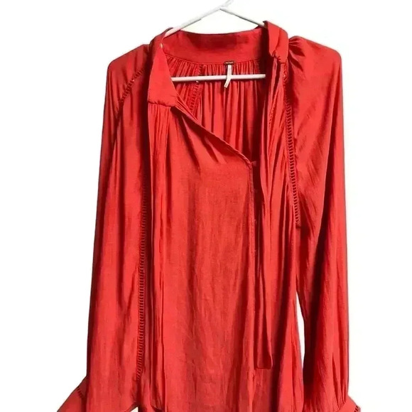 Free People Orange Tie Neck Long Sleeve Blouse Size Medium - Picture 3 of 10